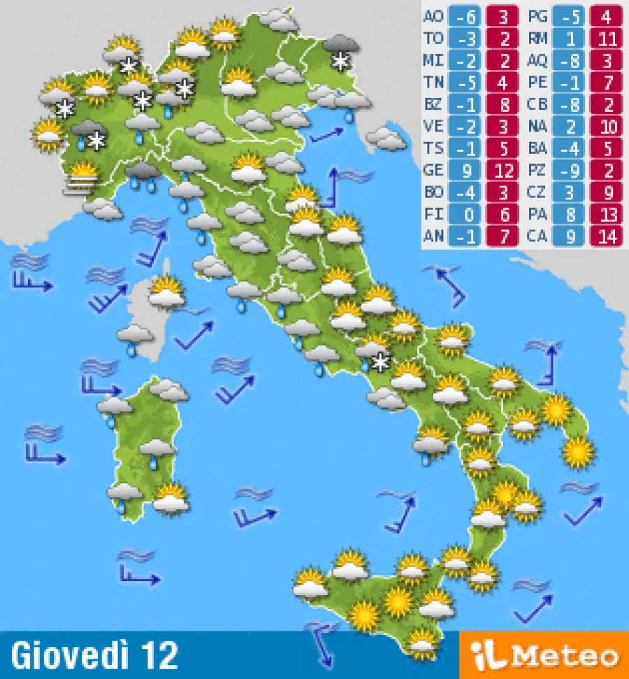 Meteo: Le previsioni del tempo di domani Giovedì 12 Gennaio 2017